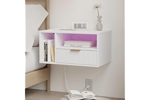 JOONEE White Floating Nightstand with Charging Station and LED Lights,White