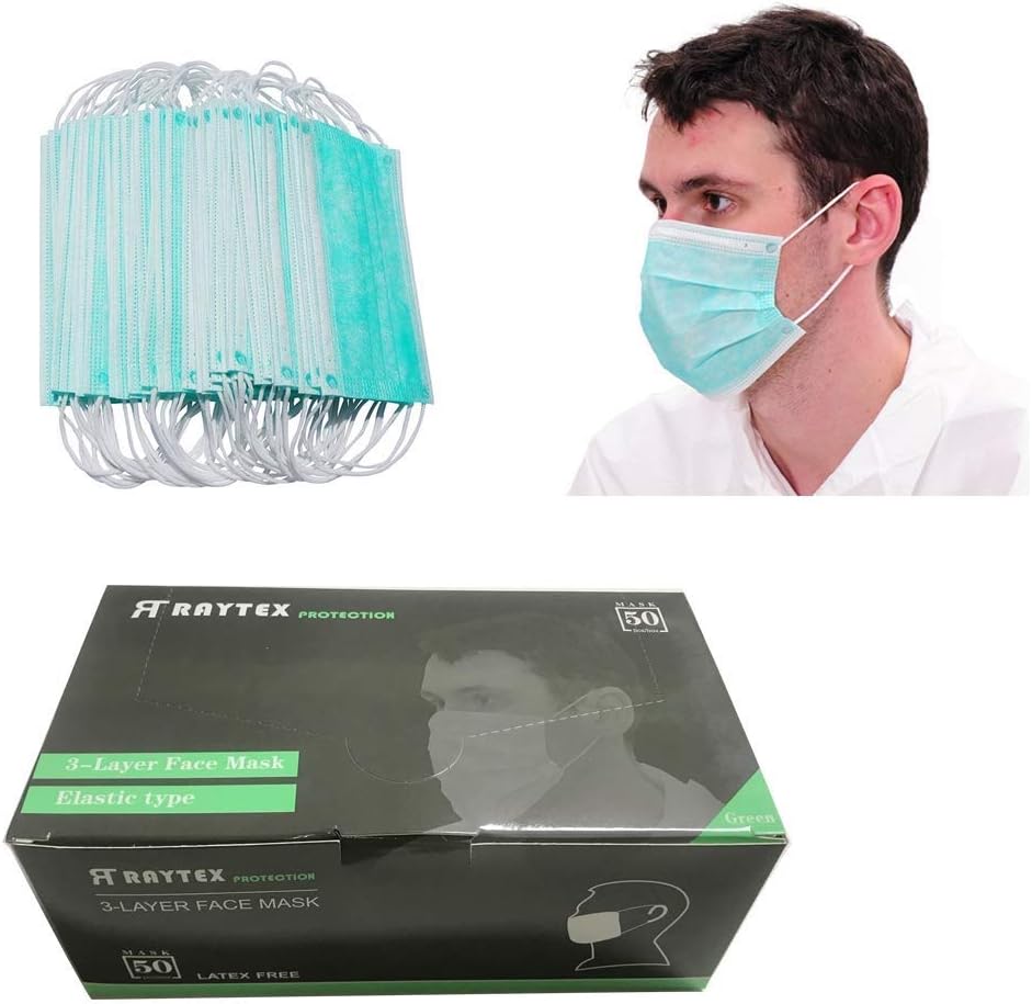 Raytex Dust Allergy Flu Masks-Nelson-Certified-50/bx 3-Ply Superior Disposable Latex Free Face Mask, Breathable and Comfortable with Premium Elastic Ear Loop for Medical Dental Surgical (Green)