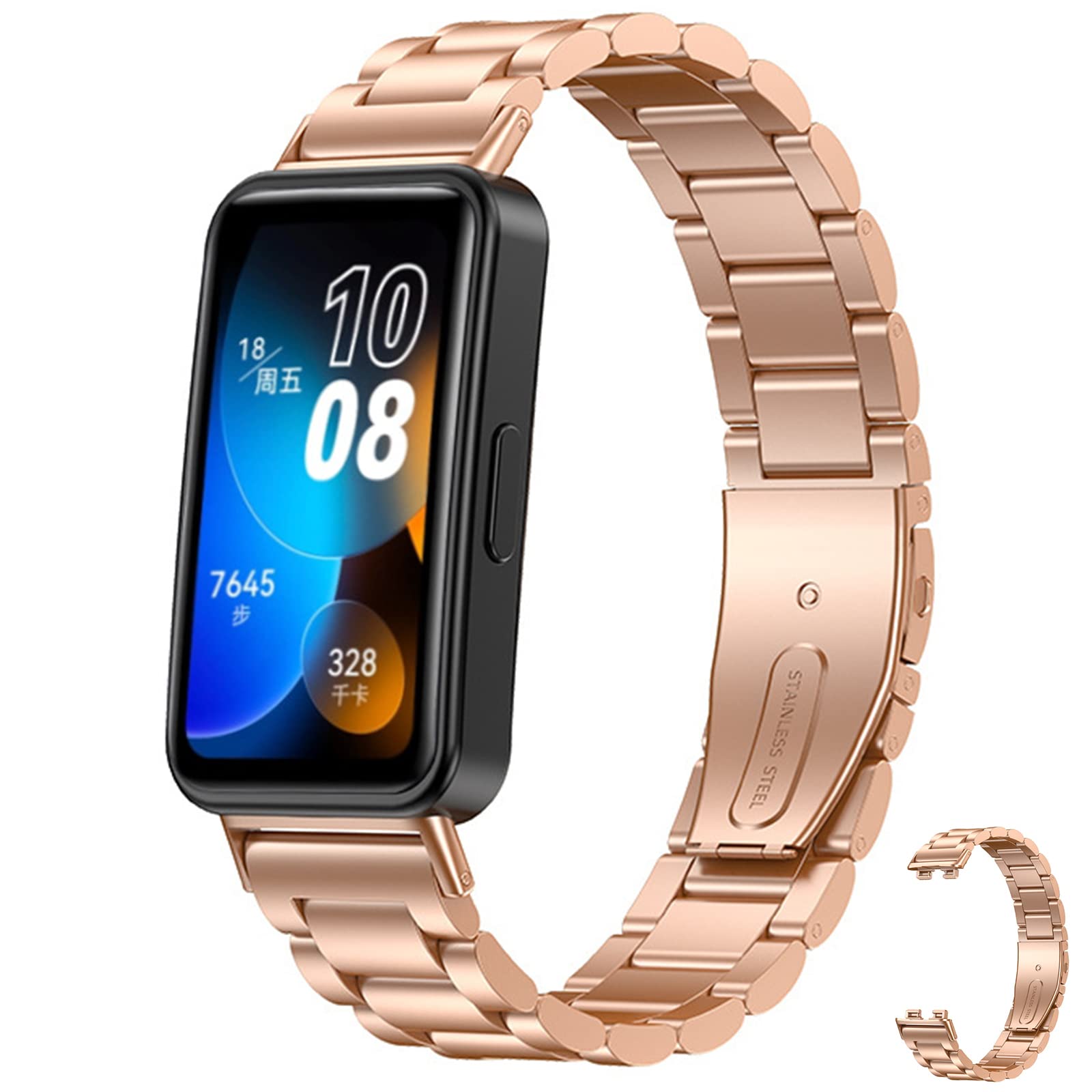 Miimall Metal Strap Compatible with Huawei Band 8, Stainless Steel Replacement Band with Folding Clasp, Adjustable Replacement Bracelet Wristband for Huawei Band 8-Rosegold