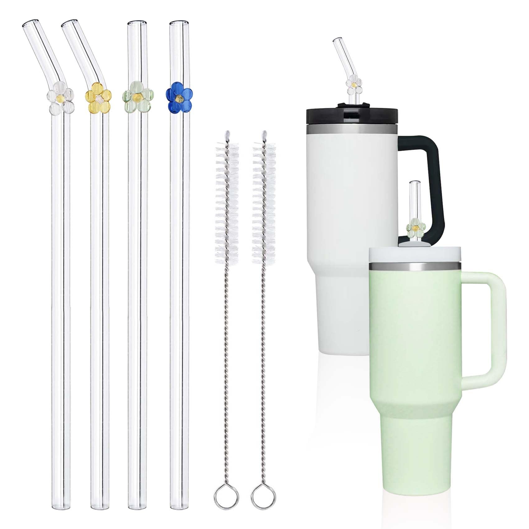 Photo 1 of 4Pcs Glass Straws with Charms for Stanley Cup, Reusable Straw for Stanley 40 Oz 30 Oz Tumbler, 12'' Clear Cute Glass Straws Shatter Resistant for Milkshakes, Juice with 2 Cleaning Brush