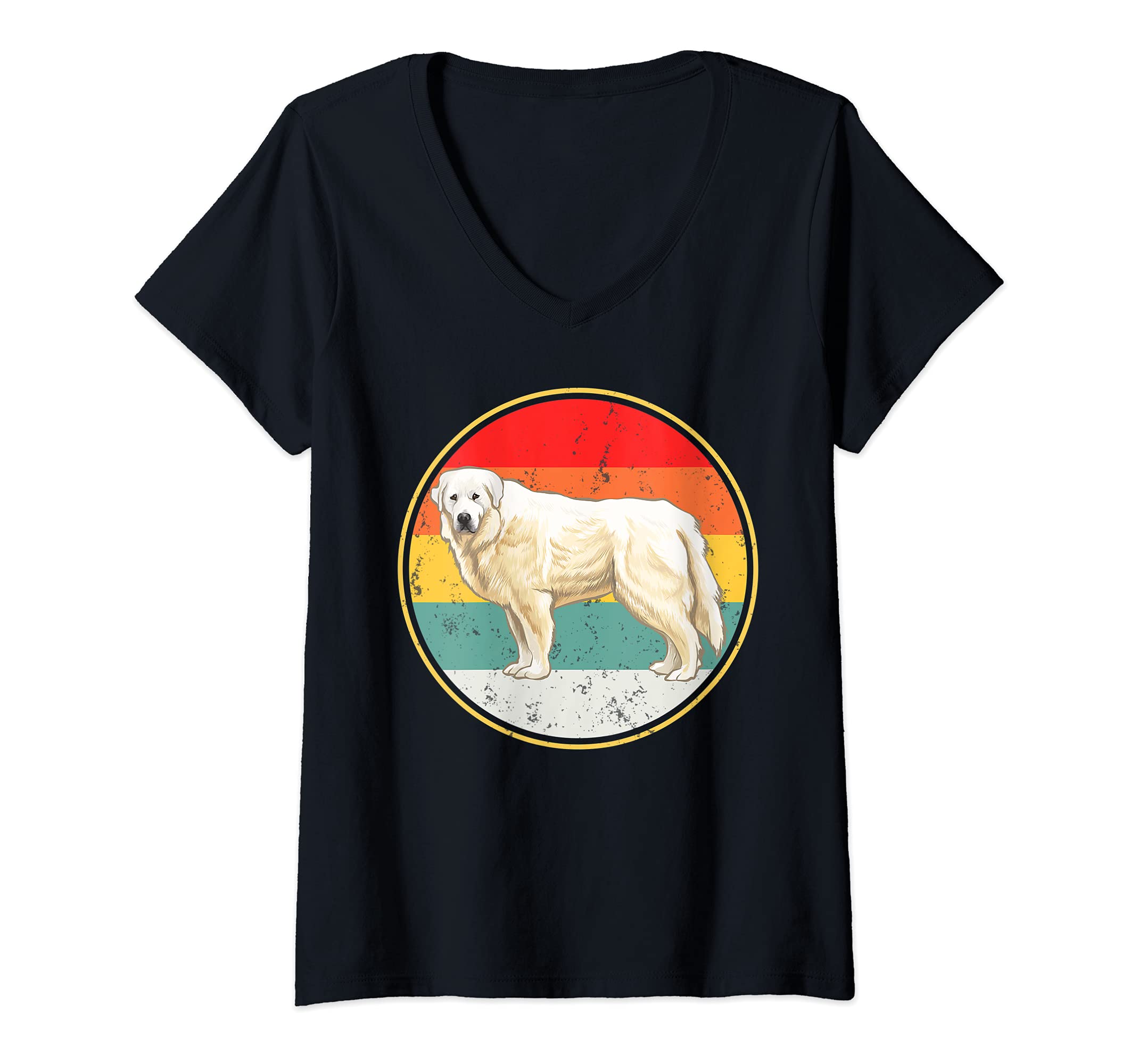 Womens Vintage Retro Sunset Great Pyrenee Dog V-Neck T-Shirt