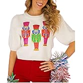 Women Puff Short Sleeve Sweater Casual Cropped Knit Shirts Cute Sparkle Holiday Graphic Print Pullover Jumper Tops