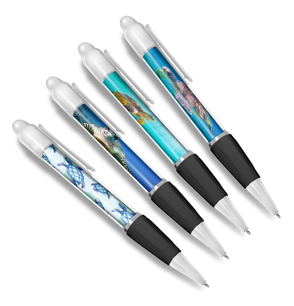 DV DESIGN Set of 4 Turtle White Ballpoint Pens - Underwater Sea Creature Ocean Animals Pattern Friends Boys Girls Men Women Theme Pen #79332