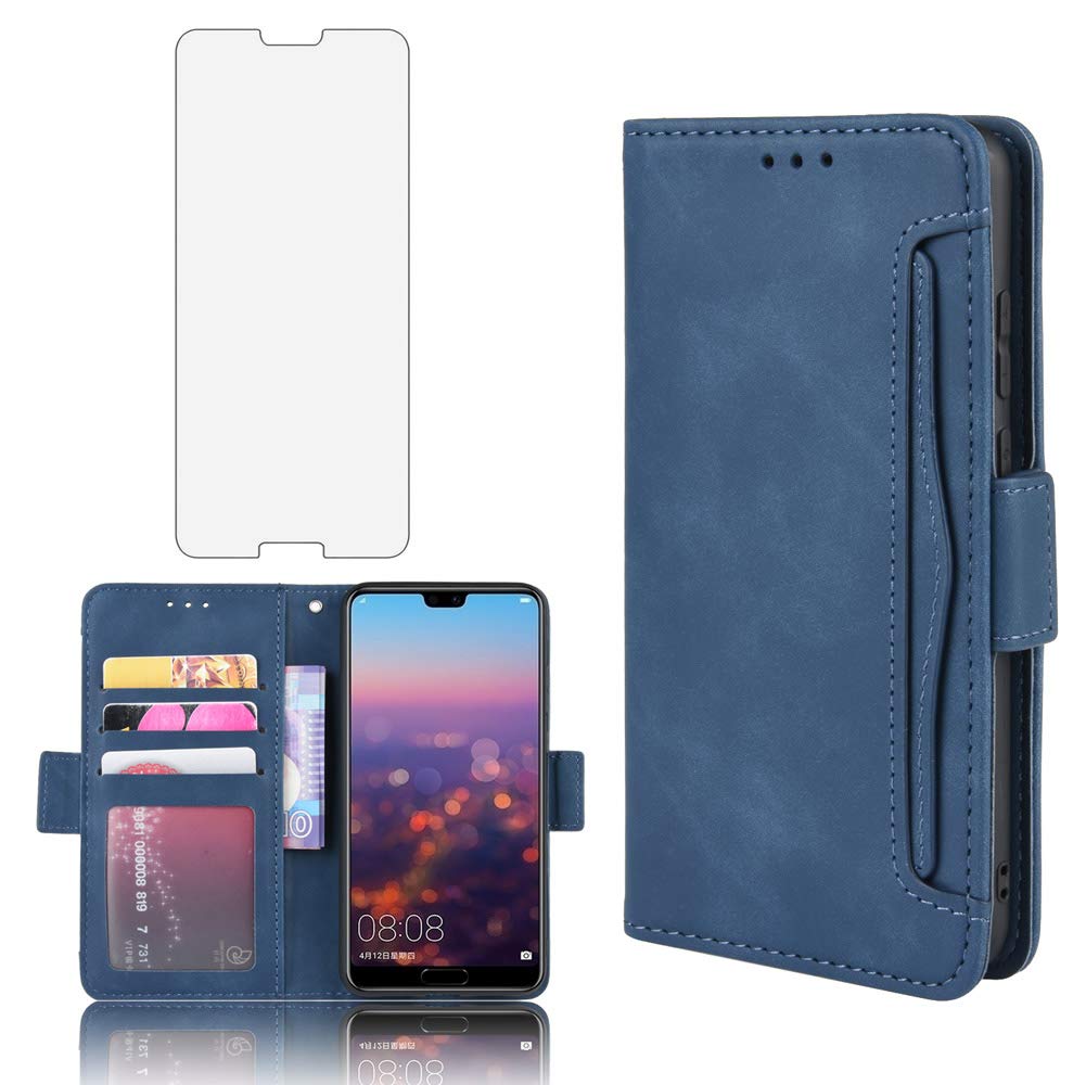 Phone Case for Huawei P20 Wallet Purse Leather Flip Cover With Tempered Glass Screen Protector Card Holder Slot Stand Kickstand Shockproof Protective Hawaii P 20 P20case Girls Cover Boys Blue — image 1