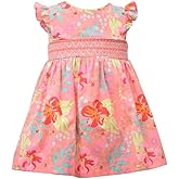 Bonnie Jean Girl's Dress - Smocked Pink Floral Flutter Sleeve Dress for Baby, Toddler and Little Girls, Pink Floral, 18 Months