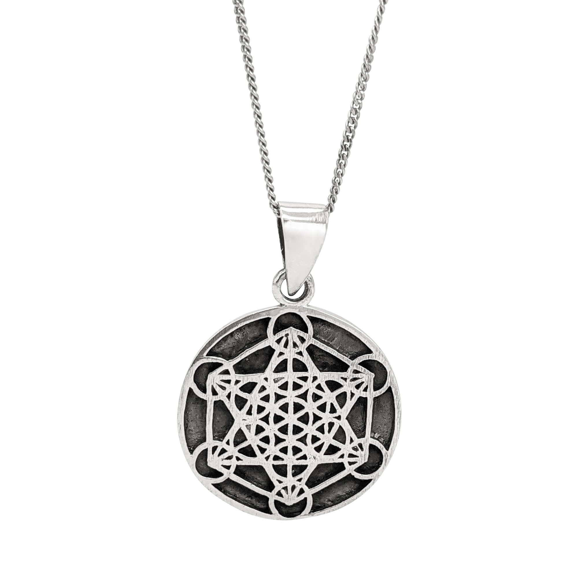 81stgeneration 18" 925 Sterling Silver Necklace With Metatron's Cube Pendant - Coin Disc Pendant Necklace for Men and Women - Boho Sacred Geometry Birthday Gift - Wiccan Gothic Jewellery