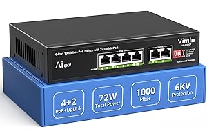 [Upgraded] 6-Port Gigabit PoE Switch with 4 Port PoE, VIMIN 4-Port Unmanaged 10/100/1000Mbps Network PoE Switch with 2 Uplink