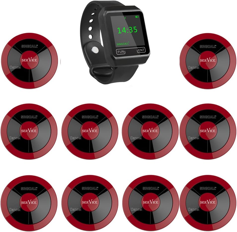 SINGCALL Wireless Calling System,for Restaurant,Coffee Shop Pub Bank,Wireless and Simple Operation,Pack of 10 Pagers and 1 Receiver
