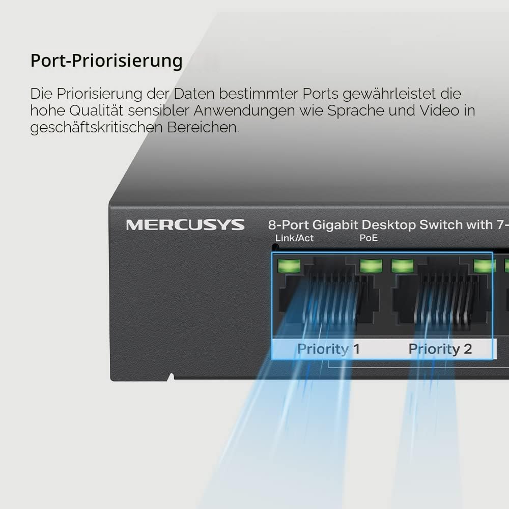 Mercusys MS108GP PoE Switch 8-Port Gigabit LAN Switch mit 7 PoE+ Ports, bis zu 30 W pro PoE-Port und 65 W für alle PoE-Ports, 802.3af/at PoE, lüfterlos, Plug-and-Play, Robustes Metallgehäuse 8