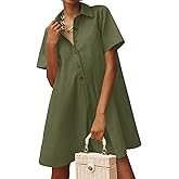 Wenrine Womens Button Down Shirt Dress Oversized Casual Short Sleeve Collared V Neck Summer Mini Dresses Army Green