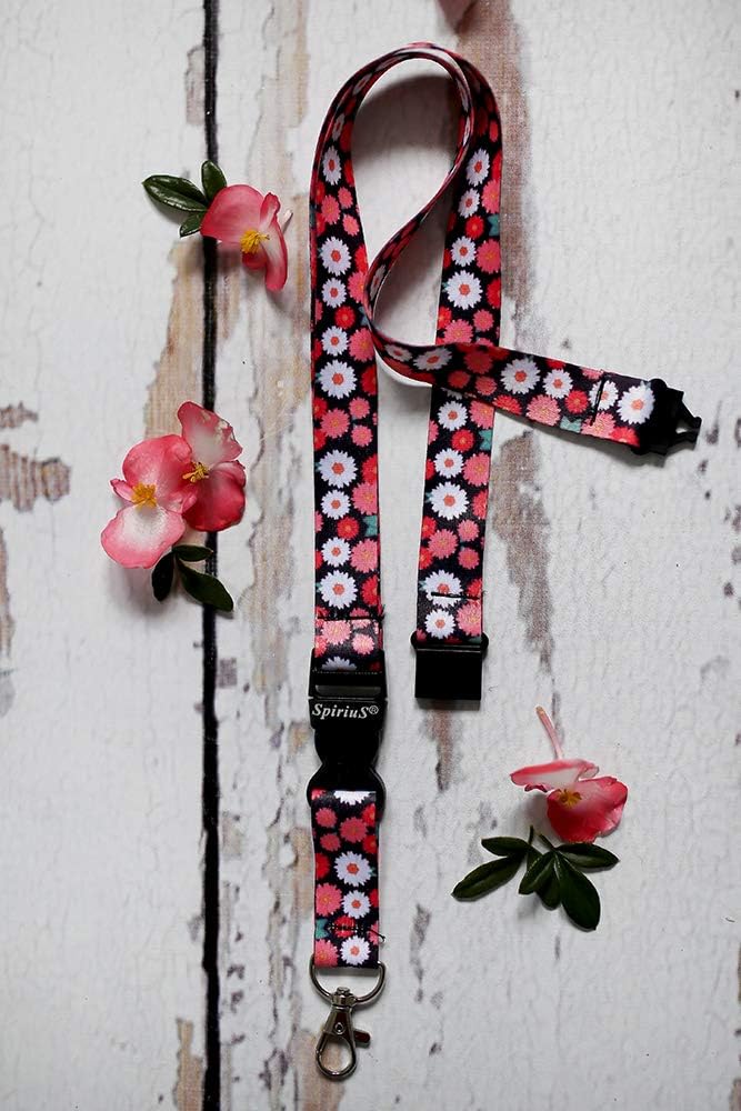 SpiriuS Neck Strap Lanyard with Strong Metal Clip for ID Badge Holder Key Holder (Daisies in Black) - Image 4