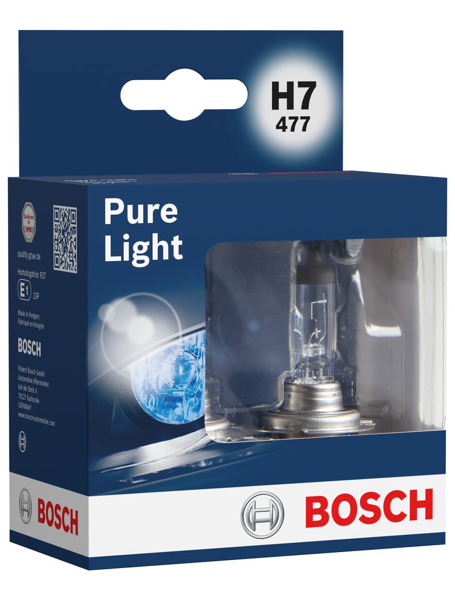 Bosch H7 (477) Pure Light Halogen Headlight Bulb, 12V 55 W, Original Quality - Socket Type PX26d - Pack of 2 Replacement Car Light Bulbs