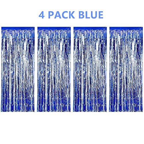 SENREAL 4pack 6.5x3.2 ft Foil Curtains Metallic Fringe Curtains Backdrop Panel Room Divider Wedding Birthday Party Decoration Drapery,Tinsel Curtain Blue