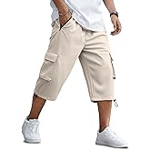JMIERR Men's 3/4 Length Cargo Shorts Elastic Waist Capri Pants with Zipper Pockets