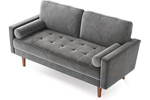 Vesgantti 58 inch Loveseat Sofa, Modern Couches with Button Tufted Seat Cushion, Velvet Sofa with 2 Bolster Pillows, Track Armrest, 2 Seater Couches for Living Room, Bedroom, Apartment, Grey
