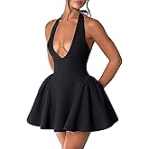 Yeenily Women's Halter Bow Tie Deep V Neck Sleeveless Backless Sexy Mini Dress A Line Flowy Club Cocktail Prom Dress