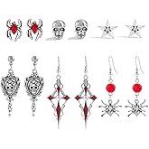 6 Pairs Gothic Earrings Set for Women Vintage Red Crystal Spider Cross Sword Drop Dangle Earrings Punk Style Skeleton Wings Thorn Rose Dagger Earrings Grunge Y2k Emo Earring Halloween Party Jewelry