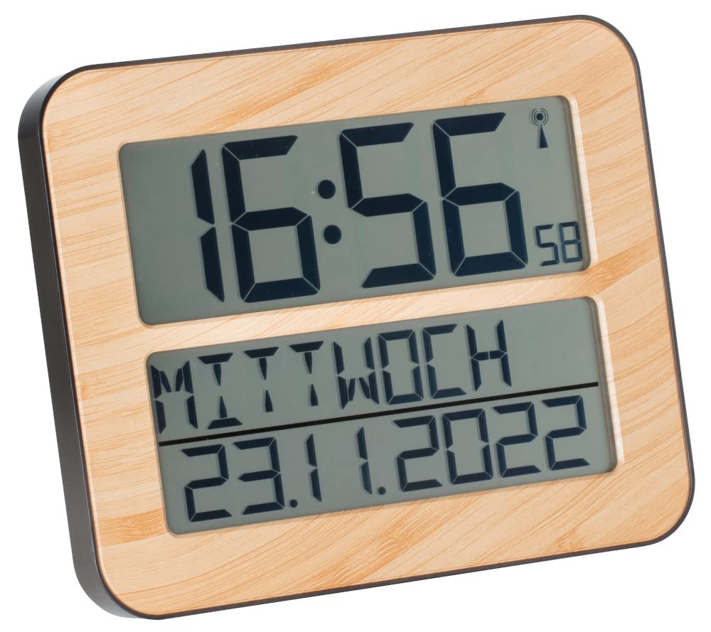 TFA Dostmann Timeline Max 60.4512 Digital Radio-Controlled Wall Clock with Weekday and Alarm Function L 258 x W 30 (120) x H 212 mm (Wood Look)