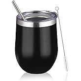 DIW sojourn life 12oz Wine Tumbler with lid, Stainless Steel Travel Mugs Stemless Double Wall Insulated Coffee Cup, Insulated Wine Glasses Travel Tumbler for Cold & Hot Drinks(Black, 1)
