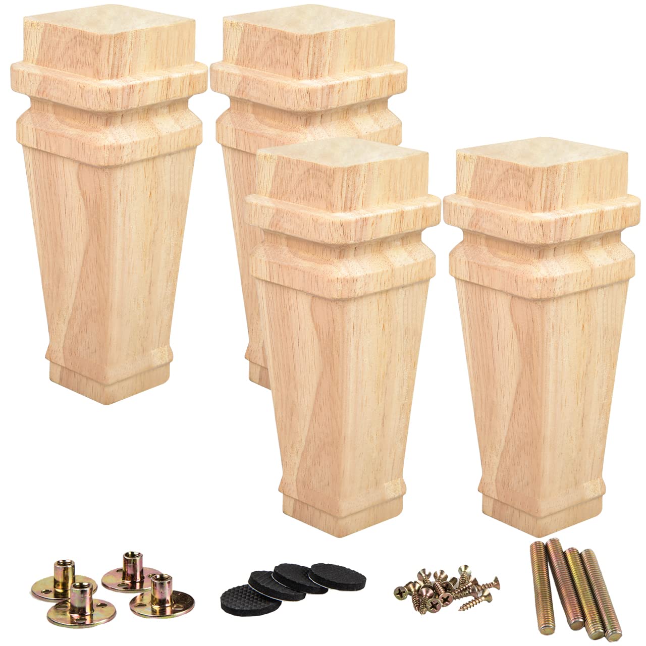 La Vane 6 inch / 15cm Wooden Furniture Legs, Set of 4 Solid Wood Carved Geometry Unfinished Replacement Bun Feet with Mounting Plate & Screws for Sofa Cabinet Couch Table TV Stand