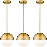 LMS 8 Inch Mid Century Pendant Lights, Brushed Gold Kitchen Island Light Fixtures with White Globe Glass Shade, Adjustable Ha