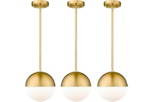 LMS 8 Inch Mid Century Pendant Lights, Brushed Gold Kitchen Island Light Fixtures with White Globe Glass Shade, Adjustable Hanging Rod, 3-Pack for Home Office Dining Room Bathroom, LMS-186BG3PK