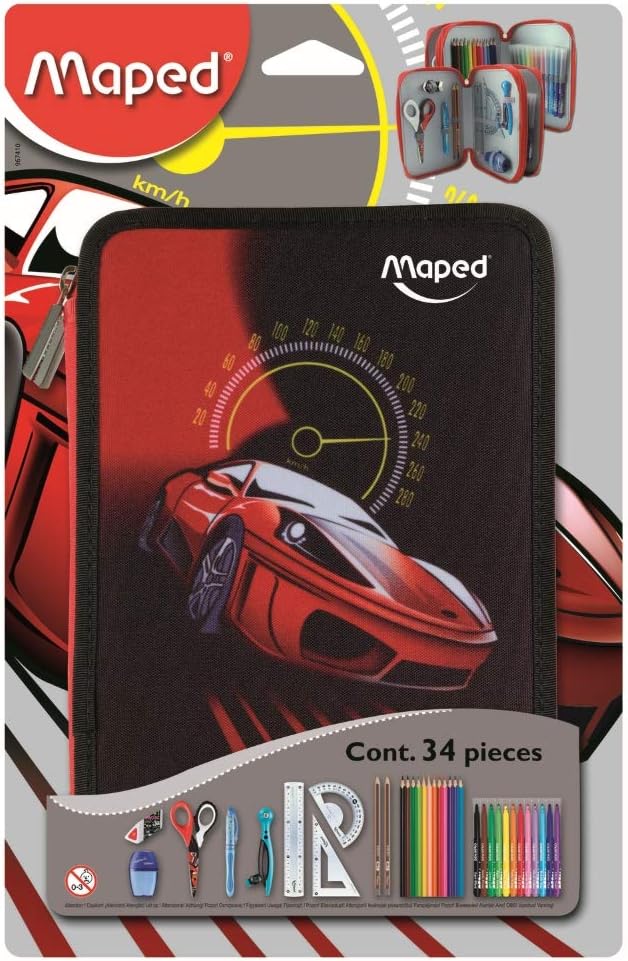 Maped - Plumier 34 Pieces with Two Floors Cars Rojo y negro, Rojo Y Black, 6.35 cm (L) x 19.2 cm (W) x 29.6 cm (H)