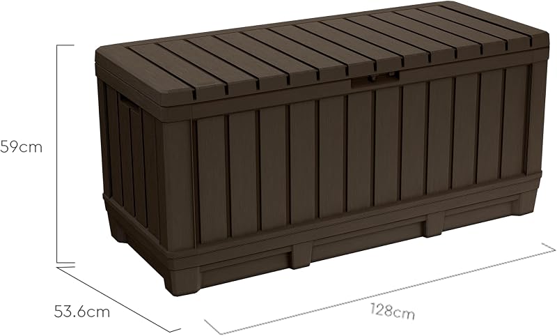 Gartentruhe KENTWOOD 350L Braun – Wetterfeste Gartenbox in Holzoptik mit Sitzfunktion – UV-beständige Aufbewahrungsbox, abschließbar, für Innen- & Außenbereich