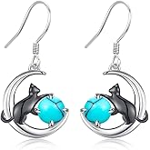 Cat Earrings 925 Sterling Silver Animal Black Cat Earrings with Moss Agate Cat Jewelry Gifts for Women Cat Lovers