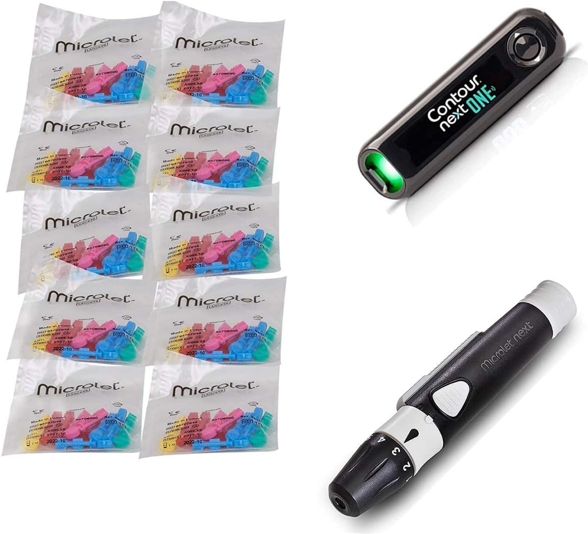 Microlet Combo Kit - Includes 100 Colored Lancets, 1 Contour Meter, 1 Lancing Device (100 + Meter + Device)