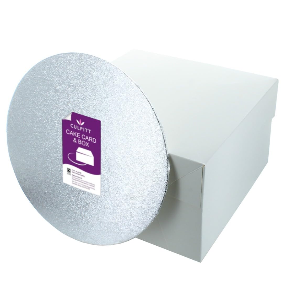 Culpitt 10" (25cm) Round Silver Cake Card & White Box Combo, 3mm Turned Edge Board and For Sponge Cakes, Muffins, Cupcakes