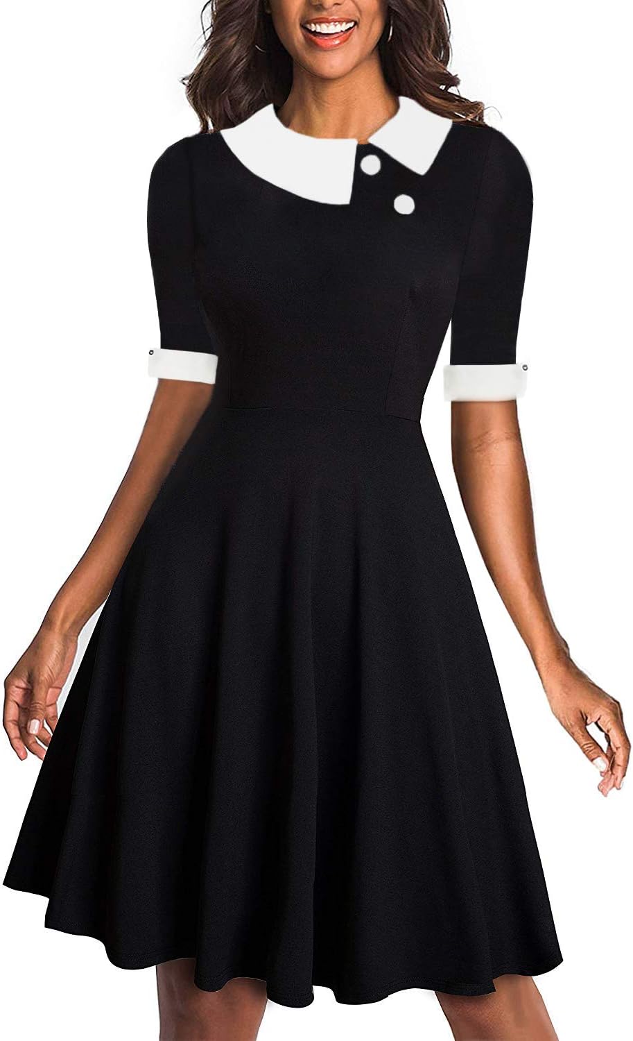 Women's Short Sleeve White Peter Pan Collar Buttons Swing A-Line Party Casual Swing Dress