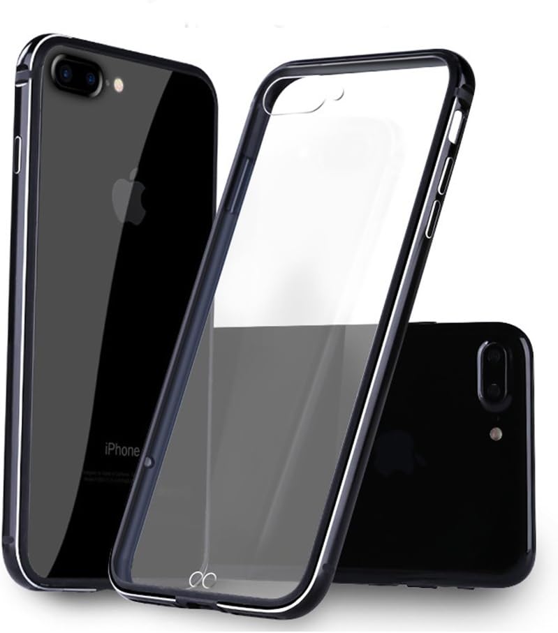 iPhone 8 Plus Case, Compatible with iPhone 7 Plus KEWEK Aluminum Metal Bumper Frame with Shock Absorbing Flexible TPU Inner Dual Layer (the Clear Back Panel Unremovable), Black