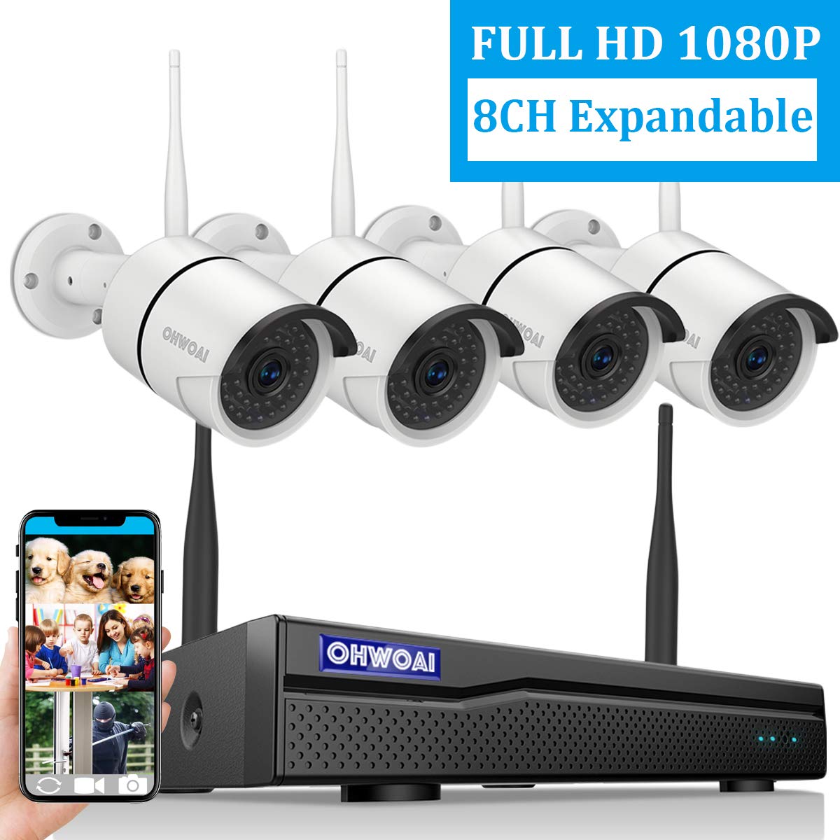 【2019 New 8CH Expandable】OHWOAI Security Camera System Wireless, 8CH 1080P NVR, 4Pcs 1080P HD Outdoor/ Indoor IP Cameras,Home CCTV Surveillance System (No Hard Drive)Waterproof,Remote Access,Plug&Play