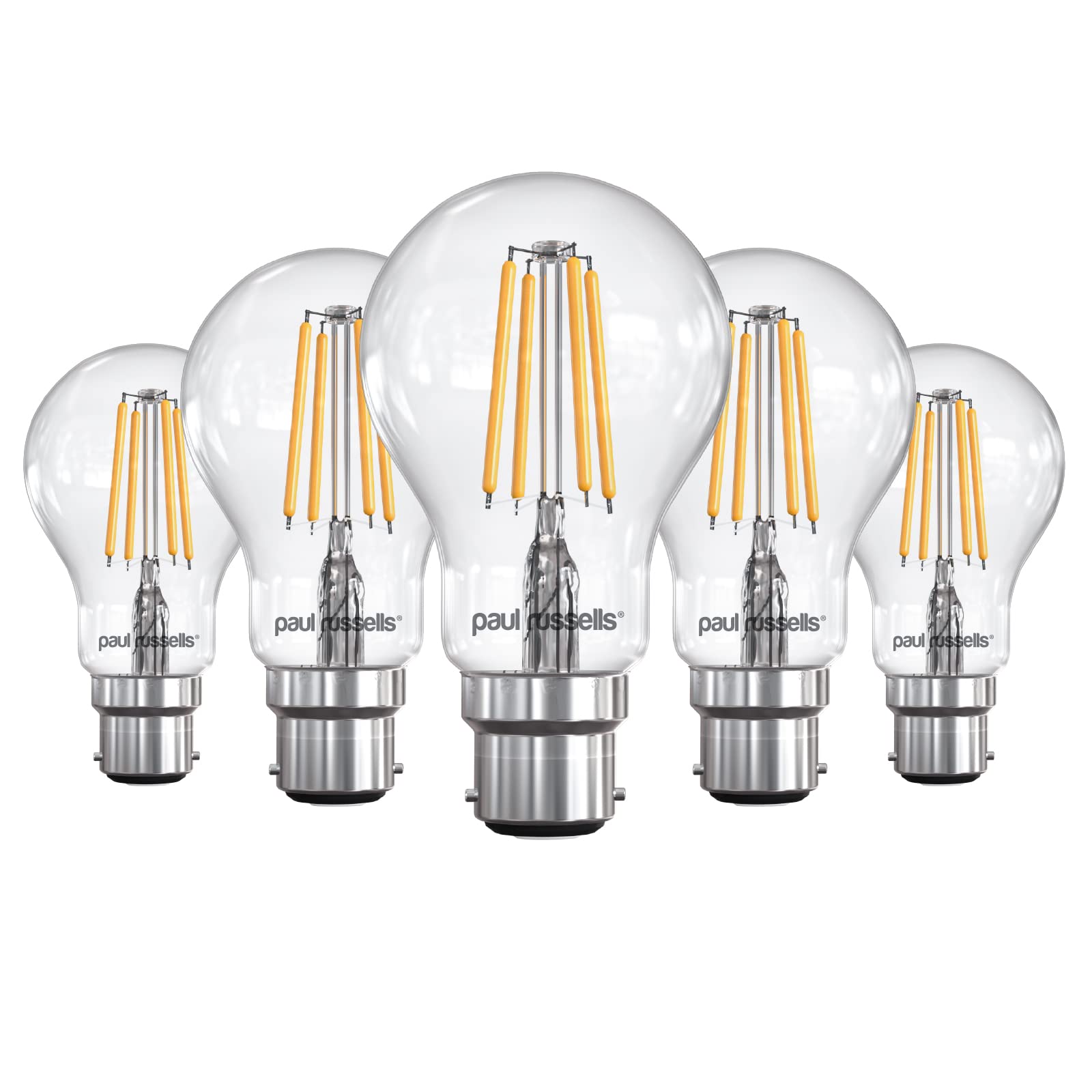 paul russells B22 Bayonet Cap LED Filament – 4.5Watt 40W Equivalent 470LM Lumens 2700K BC Standard GLS A60 – Super Bright Energy Saving Light Non-Dimmable - Warm White Bulbs - Pack of 5