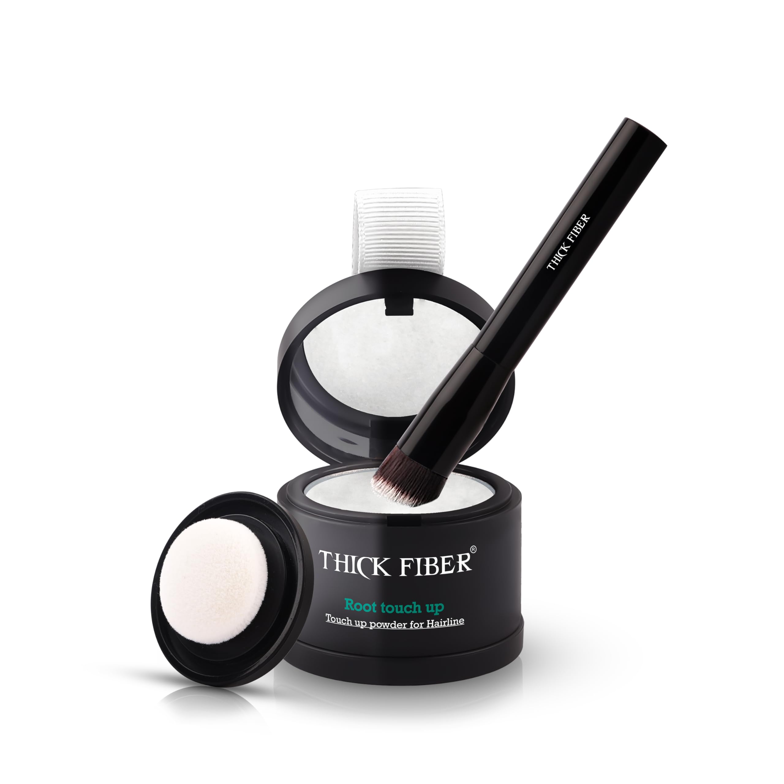 THICK FIBER Root Touch Up & Hairline Powder with Brush 4g – Covers Grey Roots & Thinning Hair – Sweat & Water Resistant – Hair Concealer for Bald Spots & Fill-In (White) for Women & Men