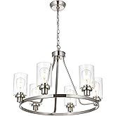 MELUCEE 6 Lights Round Chandelier Brushed Nickel Island Lighting Dining Room Lighting Fixtures Hanging Glass Pendant Light fo