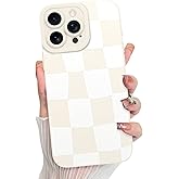 KANGHAR Compatible with iPhone 15 Pro Max Case, Silicone Checkered Cute Pattern, Camera Protection Soft Slim Phone Case for Girls Women -White