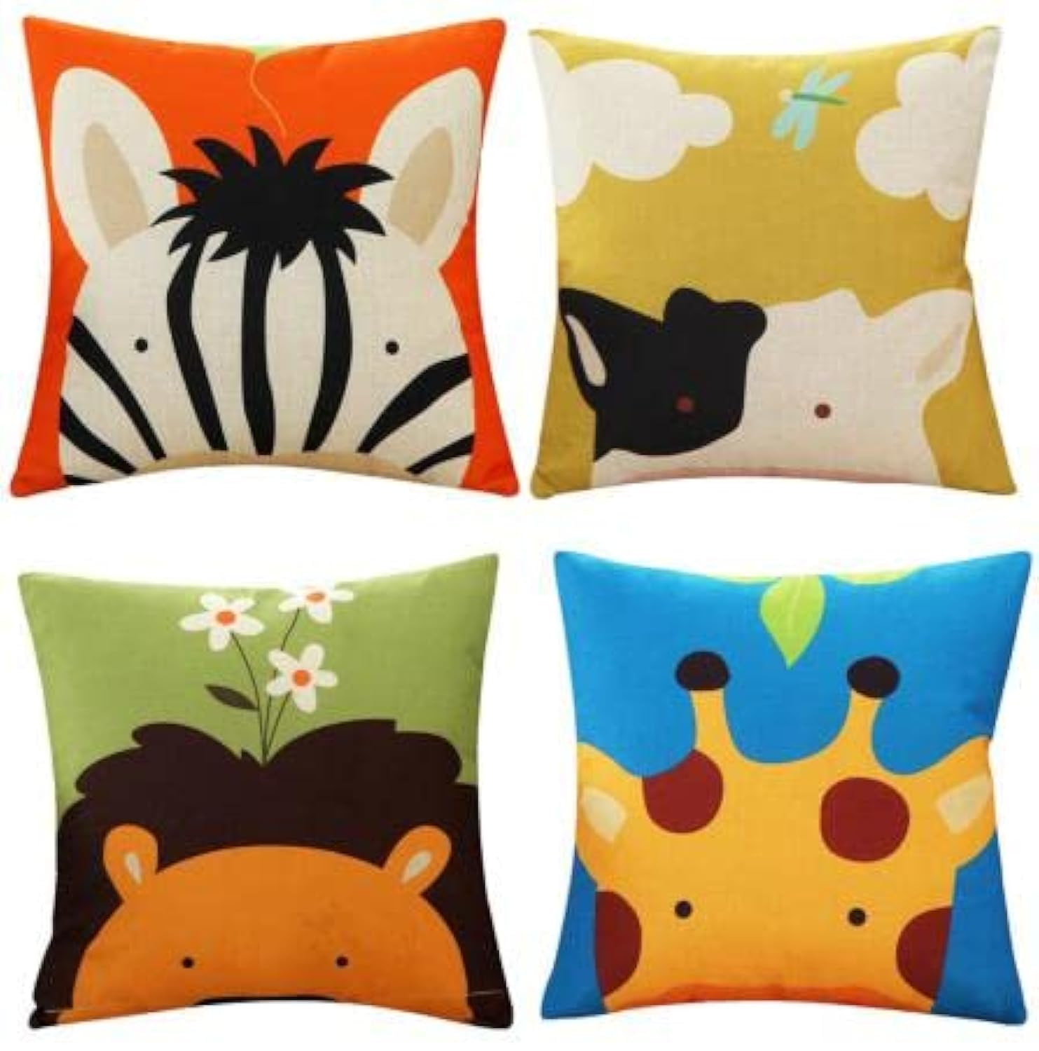 ADAKEL 4 Pack Animal Cushion Covers Childrens Cushions Cartoon Throw Pillow Covers Kids Pillow Case Cover for Bedroom Home Decor,18 x 18 Inch