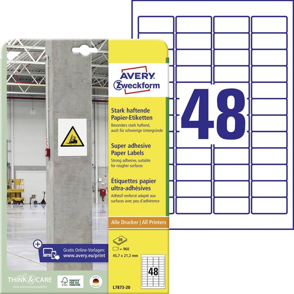 AVERY Zweckform L7873-20 Strong Adhesive Labels (960 Stickers, 45.7 x 21.2 mm on A4, Extremely Strong Self-Adhesive, Even for Difficult Surfaces, Printable Power Adhesive Labels), 20 Sheets, White