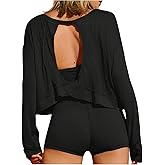 Milumia Women's Open Back Long Sleeve Crop Top Crewneck Loose Workout Athletic Tshirts