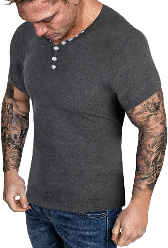 Men's V Neck Short Sleeve T-Shirt Button Muscle Basic Top Slim Fit Sports Exercise Tee Shirts