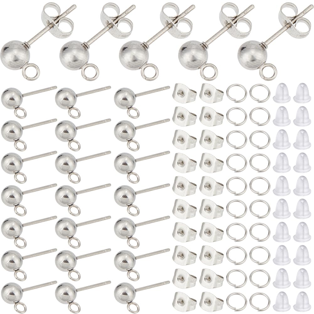 SOFPLATE 1 Box 150Pcs Ball Earring Posts Stainless Steel Stud Earring Findings Posts Silver Ear Studs with Butterfly Ear Back and Jump Rings Earring Studs for jewellery Making Supplies DIY Craft Women
