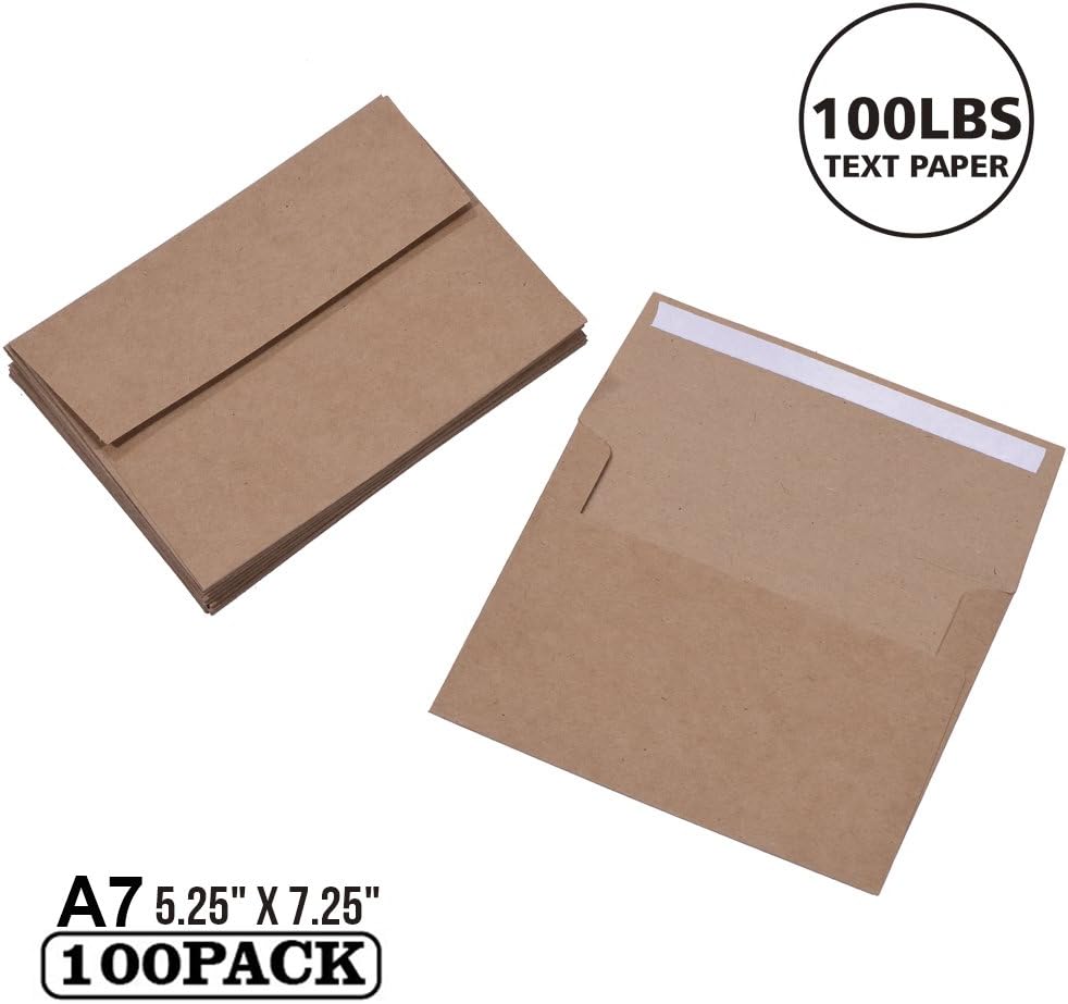 100 Pack A7 Brown Kraft Paper Invitation 5 x 7 Envelopes - Quick Self Seal For 5x7 Cards| Perfect for Weddings, Invitations, Baby Shower| Stationery For General, Office | 5.25 x 7.25 Inches : Office Products