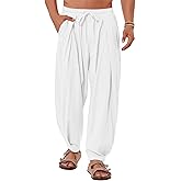 Gafeng Mens Linen Yoga Pants Elastic Waist Drawstring Summer Beach Loose Fit Casual Tapered Trousers