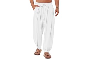 Gafeng Mens Linen Yoga Pants Elastic Waist Drawstring Summer Beach Loose Fit Casual Tapered Trousers
