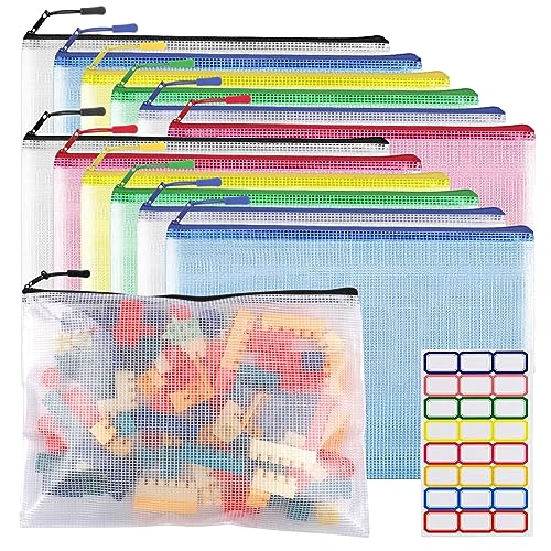 12pcs Large A4 Mesh Zipper Pouch File Bags YOPCDJ Reusable Zippered Pouches for Organizing Classroom, Board Game Storage, Puzzle Bags