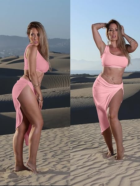 BEAGIMEG WOMEN’S SEXY ONE SHOULDER LONG BODYCON SLIT SKIRT 2 PIECES DRESS PINK