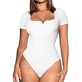 FeelinGirl Square Neck Bodysuit for Women Short Sleeve Tummy Control Slimming Bodysuit Going Out Tank Tops