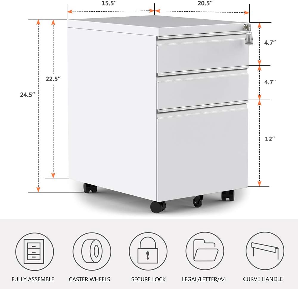 Amazon Com Merax 3 Drawer Mobile File Cabinet With Keys Fully Assembled Except Casters White Office Products
